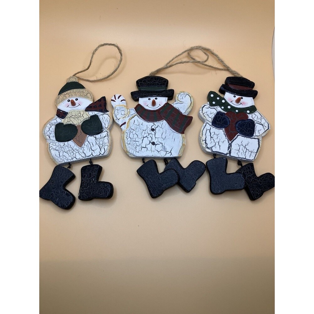 Set Of 3 Wooden Snowmen Hanging Ornaments Dangling Feet Christmas Tree Decor